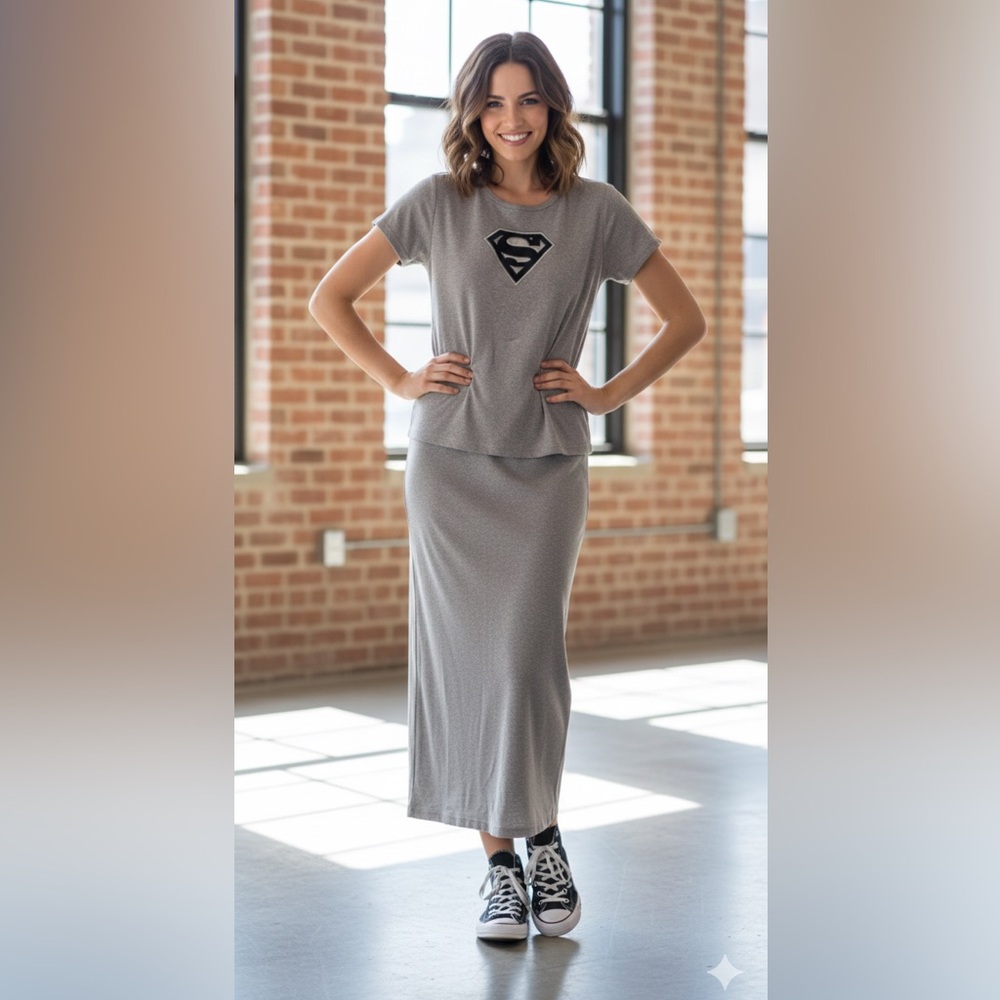 Warner Bros Superman Lounge Set Gray Women XL Graphic Tee & Skirt Matching Set